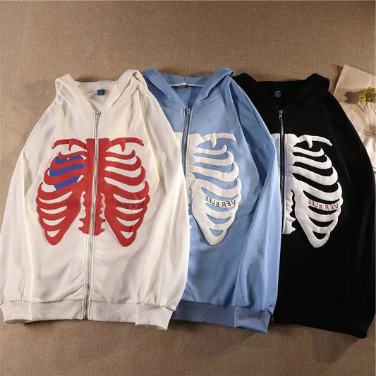 Loose Skeleton Zip Up Hoodie