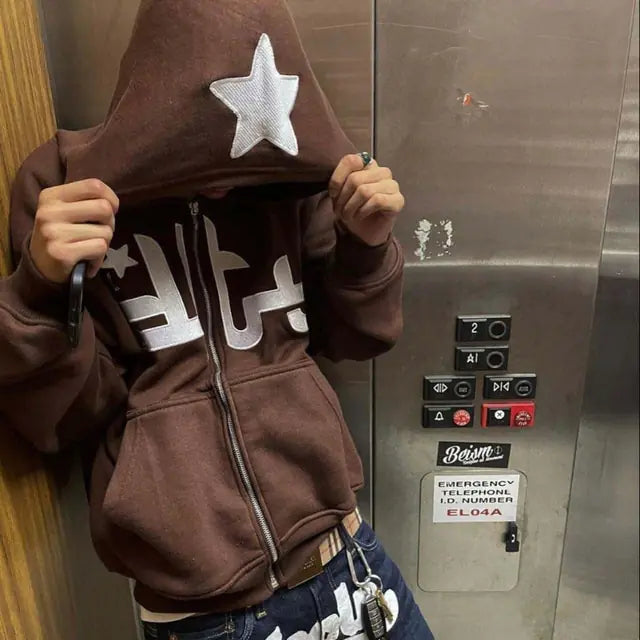 Star Print Retro Zip Hoodie