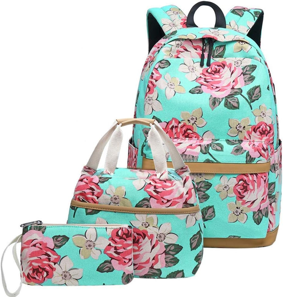 Canvas School Backpack Teens Backpack School Bag Backpack for School Book Bag Set (Floral-Water Blue)