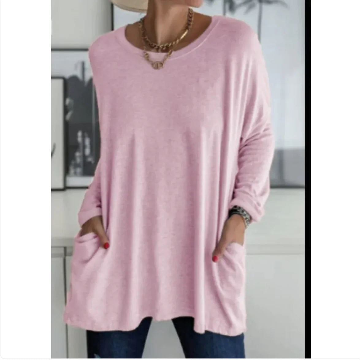 European & American Loose Fit Long Sleeve Round Neck Top with Pockets