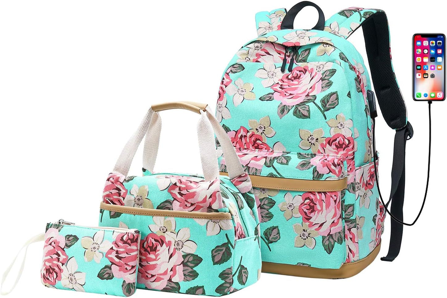 Canvas School Backpack Teens Backpack School Bag Backpack for School Book Bag Set (Floral-Water Blue)