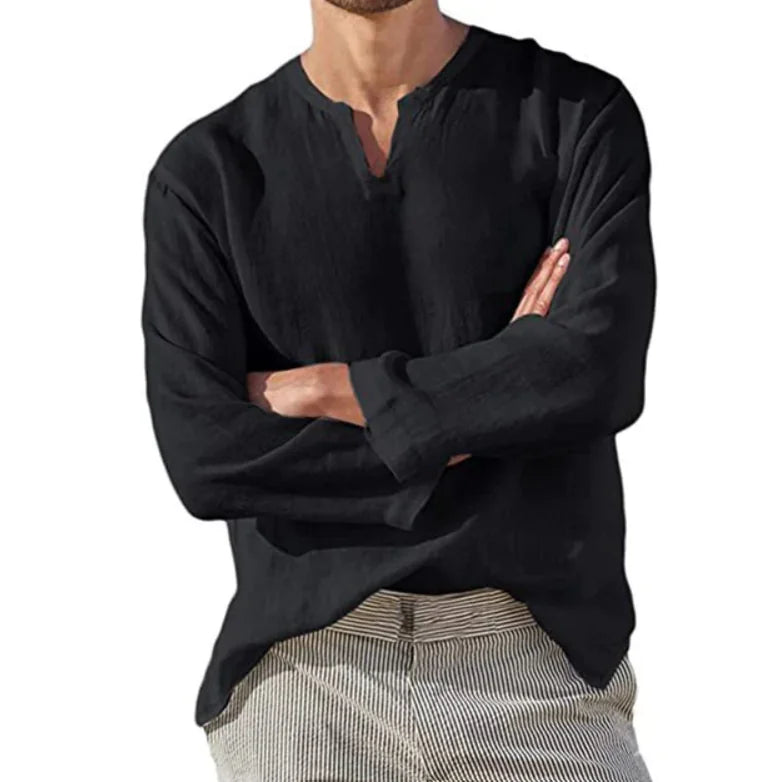 Men's Cotton Linen V-Neck Long Sleeve Shirt