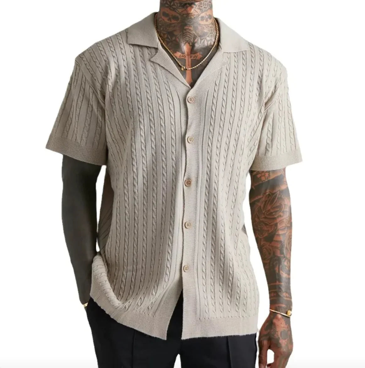 Men's Short-Sleeved Knitted Button-Up Shirt