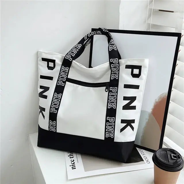 Pink Colorblock Tote Bag With Graphic Design