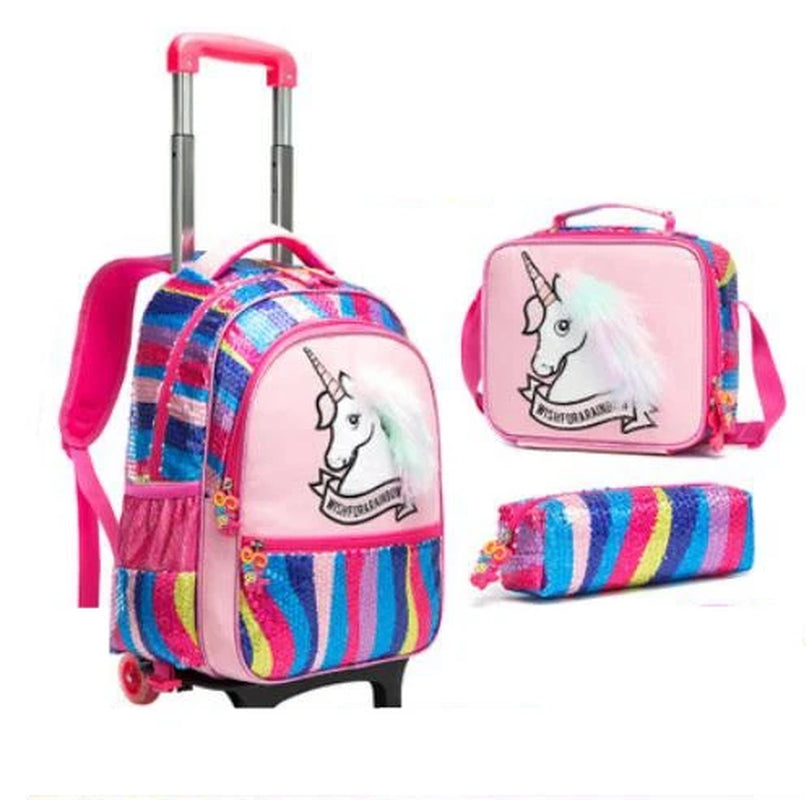 Kids School Trolley Bag Set Kids School Rolling Backpack Bags Children School Wheeled Backpack for Girls School Trolley Backpack