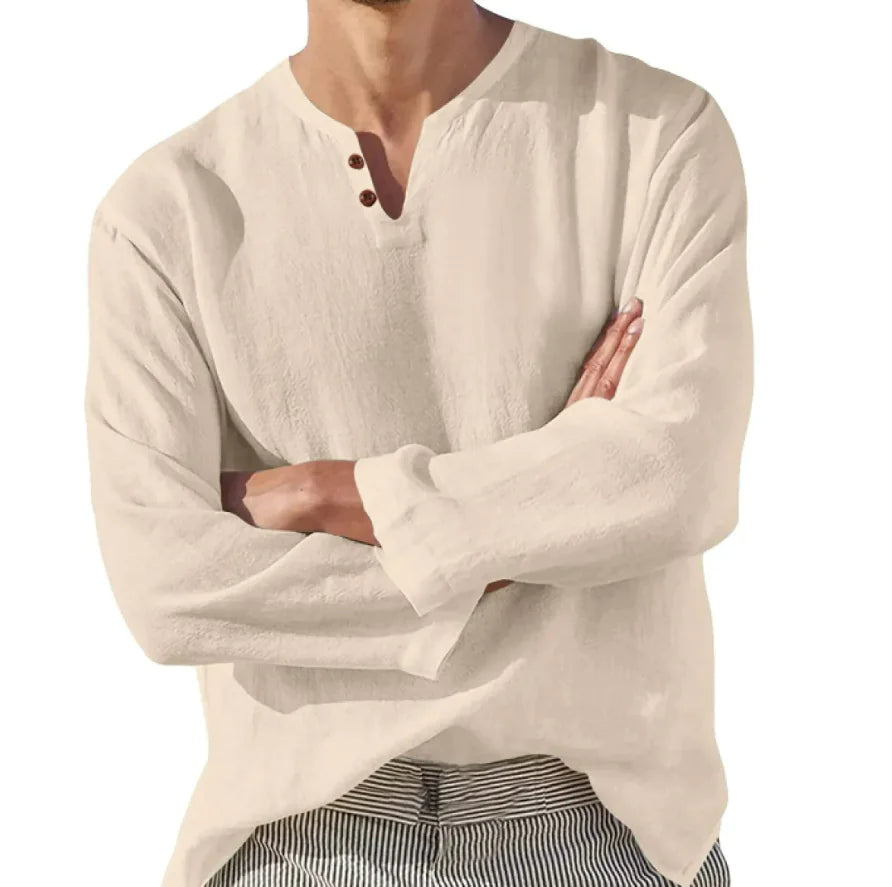 Men's Cotton Linen V-Neck Long Sleeve Shirt