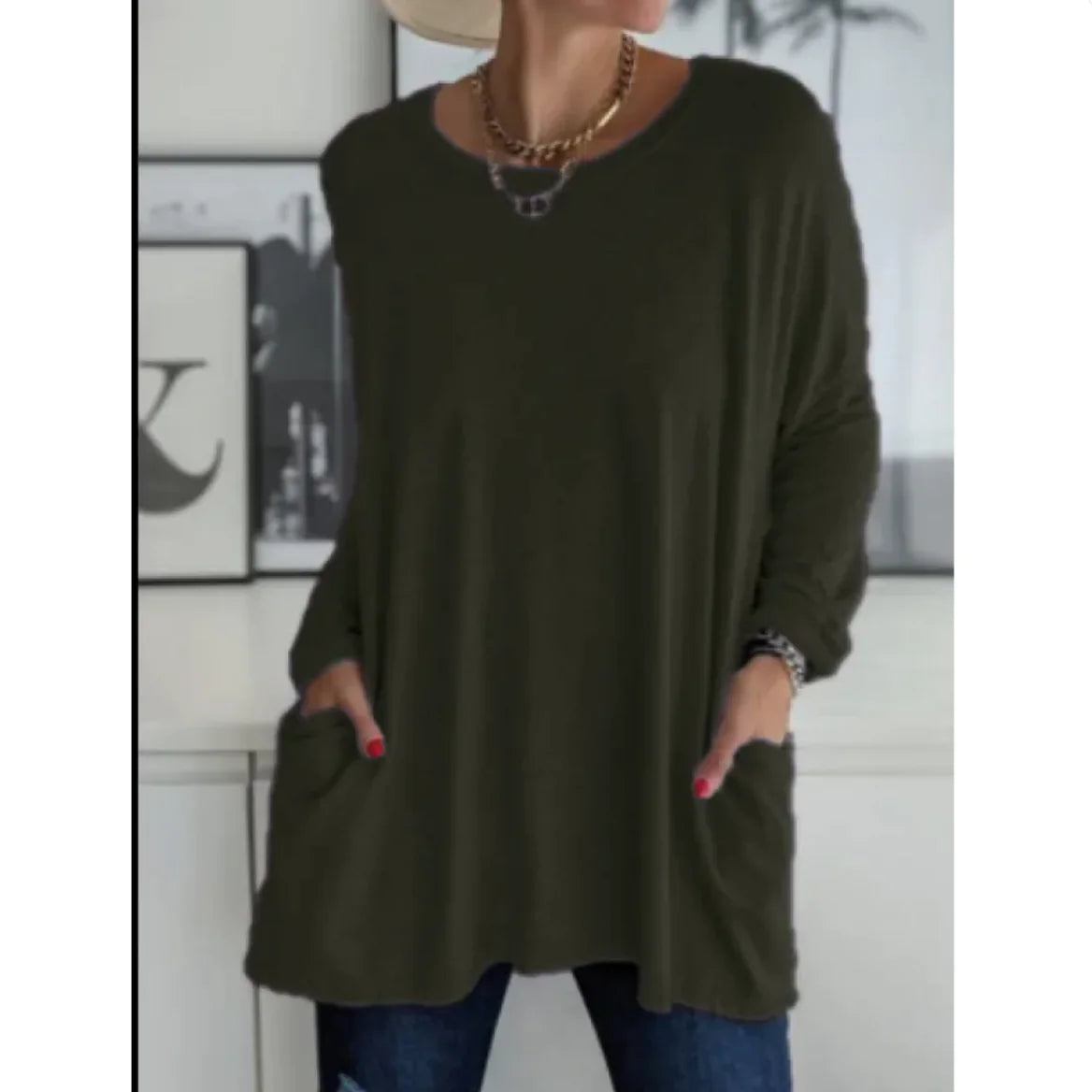 European & American Loose Fit Long Sleeve Round Neck Top with Pockets