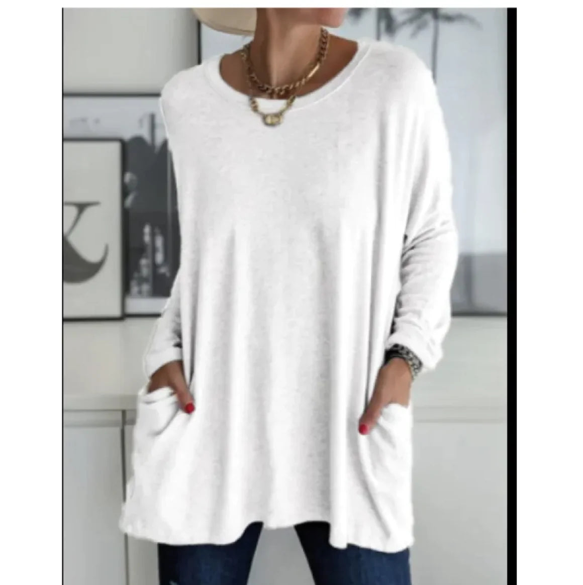 European & American Loose Fit Long Sleeve Round Neck Top with Pockets