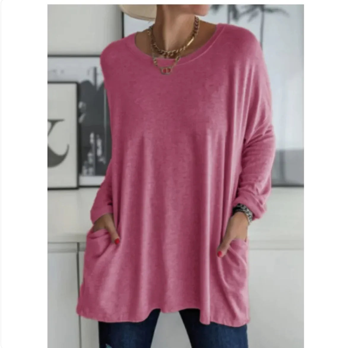 European & American Loose Fit Long Sleeve Round Neck Top with Pockets