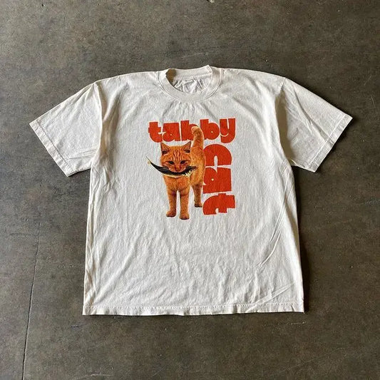 Y2K Orange Cat Print Shirt