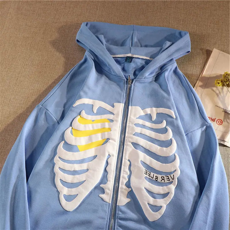 Loose Skeleton Zip Up Hoodie