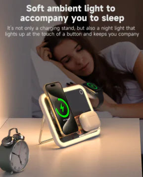 Multifunction For MagSafe Wireless iPhone iWatch AirPods Charger with LED Touch Dimmable Night Light Makeup Mirror All in One